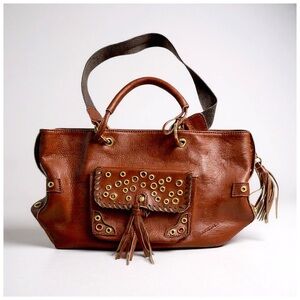 Gustto Women’s Brown Leather Shoulder Bag with Gold Accents. 17.5” x 9.5”